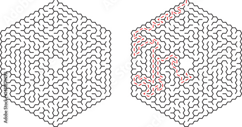 Complex hexagonal maze puzzle with route marked in red providing a solution guide