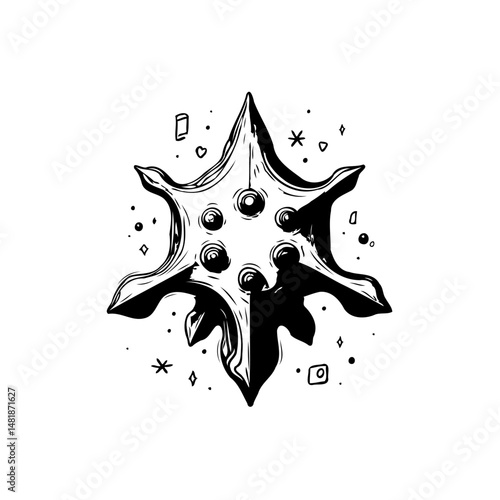 Abstract monochrome emblem with celestial sphere ornaments in eccentric style