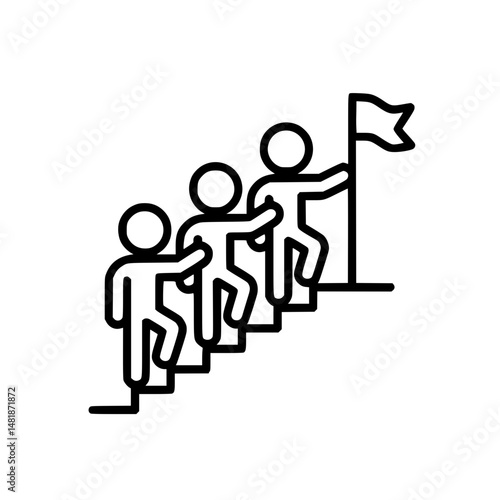 icon of a group of round head people climbing steps towards a flag