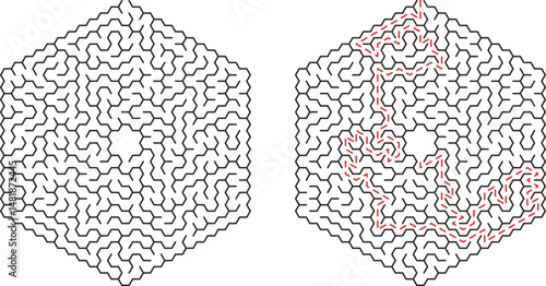 Complex hexagonal maze illustration showing a path and solution to a challenging riddle
