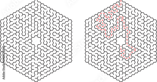 Two hexagon mazes one solved with a red path illustrating problem solving and solutions