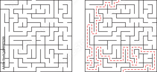 Complex maze puzzle with clear solution path marked in red lines for clarity