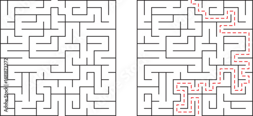 A challenging maze puzzle with the correct solution marked in a contrasting red color