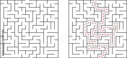 Complex black and white maze puzzle with path showing solution on the right side