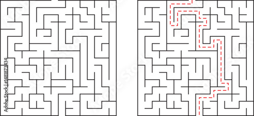 A visual representation of a maze puzzle with solution path displayed in red