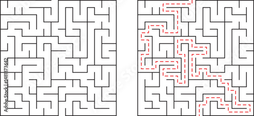 A challenging maze presented with its unsolved and solved paths for problem solving concept
