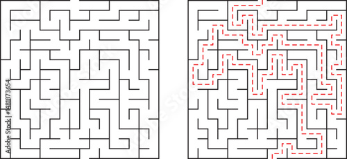 Complex black and white maze with a red path showing solution for problem solving or concept