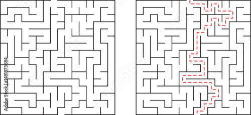 Maze puzzle with solution illustrated on white background problem solving concept