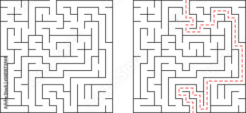 Intricate maze with solution path depicted illustrating problem solving and finding directions