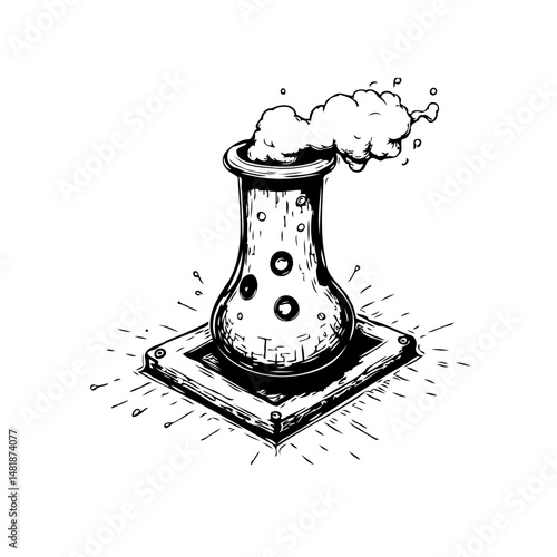 Monochromatic industrial drawing of a smokestack, releasing emissions and pollutants