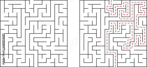 Illustration of a complex maze with a solved path for problem solving concept