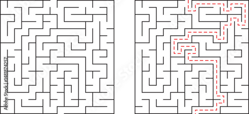 Complex maze challenge with solved route depicted in red color leading to a successful end