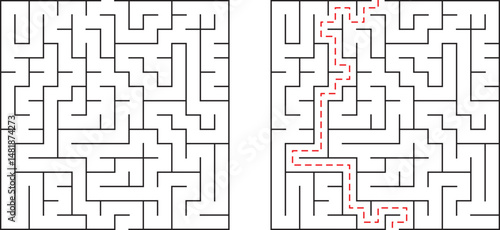 A black and white maze with a red solution line guiding the way
