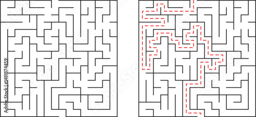 Complex maze illustrating challenge and solution with red path to achieve success
