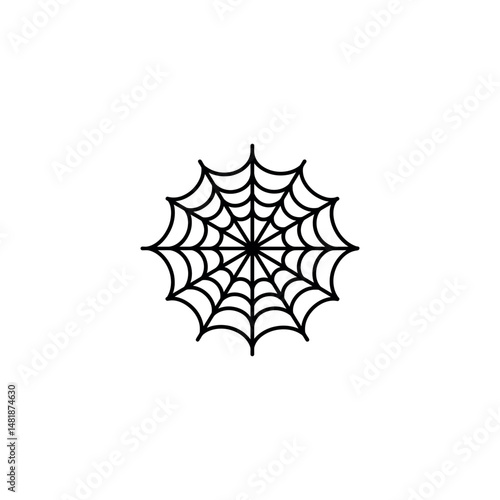 A simple, black spiderweb fills the frame on a stark white background perfectly