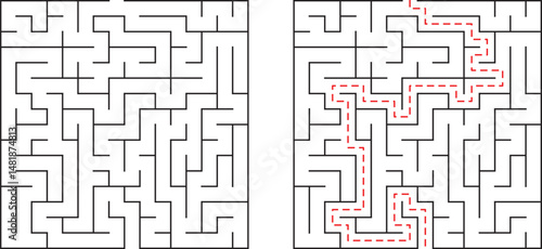 A detailed black and white maze illustration depicting a route finding solution