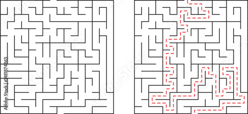 Complex maze illustration with solution path highlighted in red for problem solving