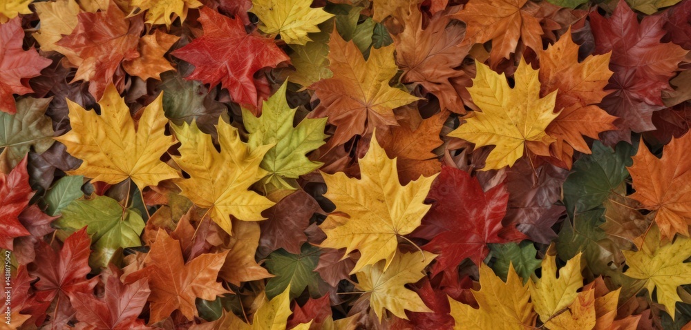 Fototapeta premium Close-up of a pile of maple leaves in various autumnal colors , natural, detail