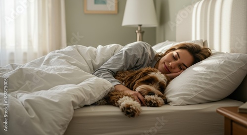 Peaceful woman resting in bed cuddling with her dog during a serene morning moment.
