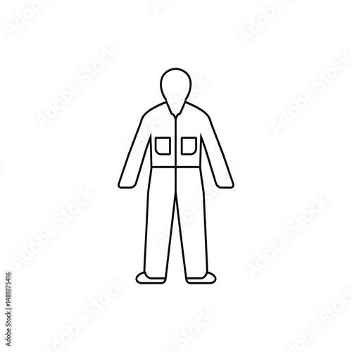 Simple line drawing shows a hooded coverall suit with two pockets on white background