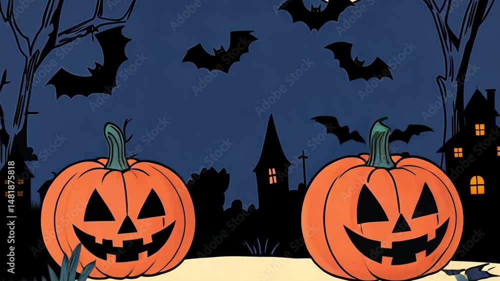 Spooky Halloween night with glowing pumpkins and flying bats in a haunted village Spooky Halloween night with glowing pumpkins and flying bats in a haunted village