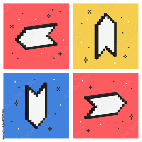 Volumetric pixel pointers set. 8 bit isometric arrows. 3D signs for 4 cardinal directions. Directional symbols in y2k design