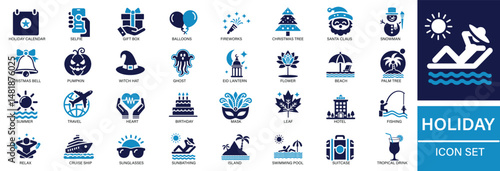  Holiday icon set , travel, vacation, beach, suitcase, airplane, summer, relaxation, map, and hotel—this flat icon set captures the joy and essentials of holiday and travel time.