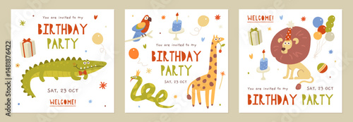 Childrens birthday invitation square poster or web banner set. Can used for birthday party, childish card design. Cute animals and gifts. Tropical animals party invite backgrounds. Vector illustration