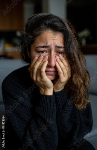 Wallpaper Mural Sad woman crying covering her face with hands at home Torontodigital.ca
