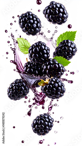 blackberry being peeled mid-air, splash effect with juice drops, isolated background