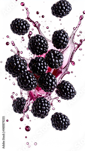 blackberry being peeled mid-air, splash effect with juice drops, isolated background