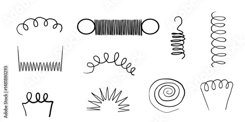 Metal coil spiral bounce metal line hand drawn doodle. Slinky or wire flexible spring. Set curly wavy twisted shape.