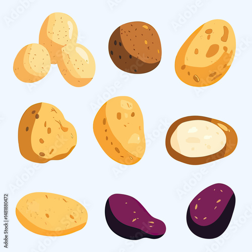 Set of colorful potato illustrations with whole, cut, and sliced varieties including yellow, brown, and purple potatoes in flat minimalist vector style for food design and agriculture concepts