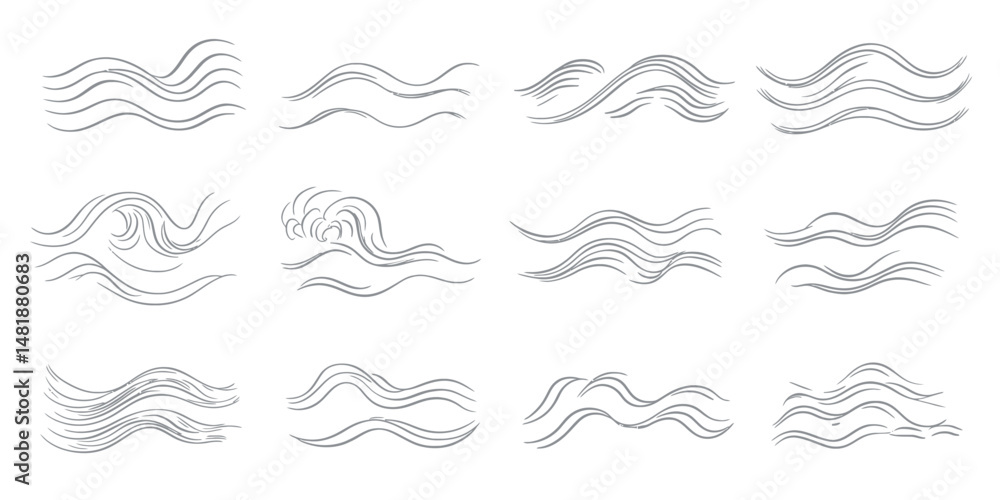 Set of twenty hand drawn minimalist black wave line icons with smooth curves and fluid water motion outlines for ocean and sea design elements vector illustration Set of twenty hand drawn minimalist black wave line icons with smooth curves and fluid water motion outlines for ocean and sea design elements vector illustration