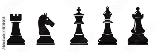 Black silhouette chess pieces set vector illustration including rook knight king bishop and pawn isolated on white background flat minimalist design
