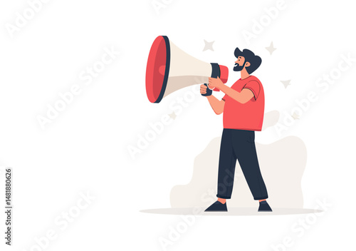 Young man standing using megaphone to amplify message communication concept in flat minimalist style vector illustration