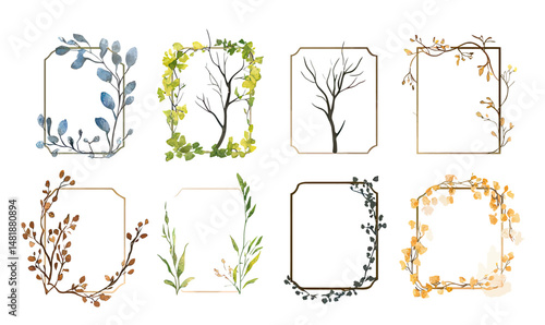 Set of eight botanical rectangular frames with watercolor foliage and branches in various colors for decorative design or invitations