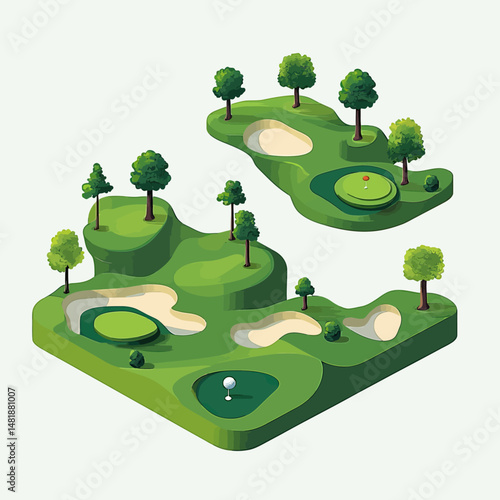 Isometric golf course with green fairways trees sand bunkers putting green and golf ball on tee isolated flat vector illustration for sports and leisure concept