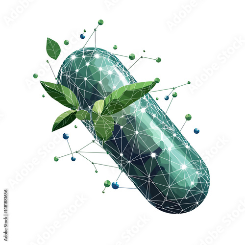 Green polygonal capsule with wireframe mesh and connected dots combined with natural green leaves symbolizing herbal medicine and alternative healthcare concept vector illustration