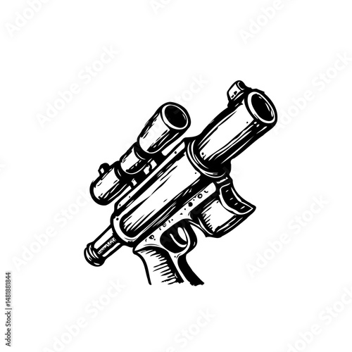 Stylized vector illustration of blaster gun, depicting adventure and technology