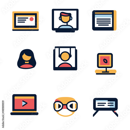 Flat minimalist webinar and online meeting icons set featuring male and female avatars, chat bubbles, laptop with video play button, and digital communication elements vector illustration