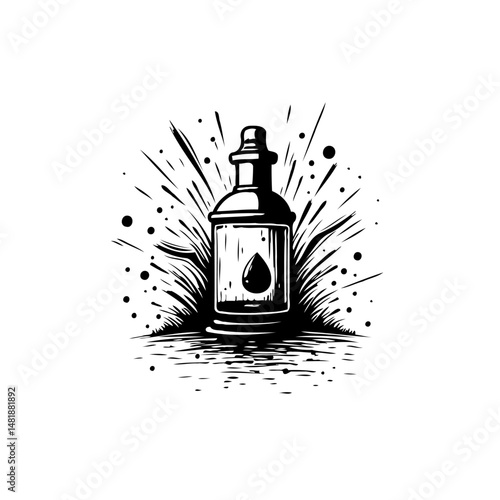 Monochrome depiction of a stylized elixir bottle amidst radiant burst pattern