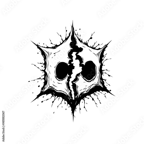 Distorted symmetrical skull graphic illustration with striking crack design