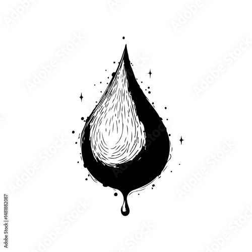 Stylized monochrome teardrop illustration with textured interior and cosmic elements