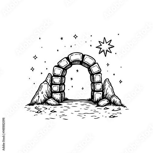 Mystical Stone Archway Under a Starry Sky: Hand-Drawn Illustration in Black and White