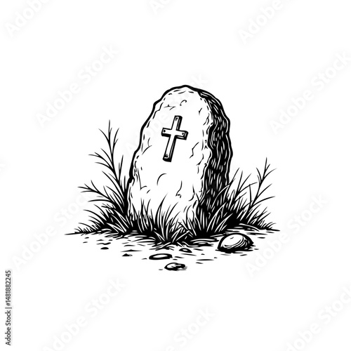 Monochromatic illustration of an ancient headstone overgrown with wild grass
