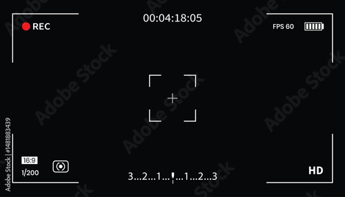 Camera frame. Video screen with rec, viewfinder. Background for record movie. Display with focus, time, battery for videography, surveillance. 