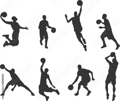 Set of Basketball Player Silhouettes, Dynamic Vector Illustration of Sports Group of different basketball players
