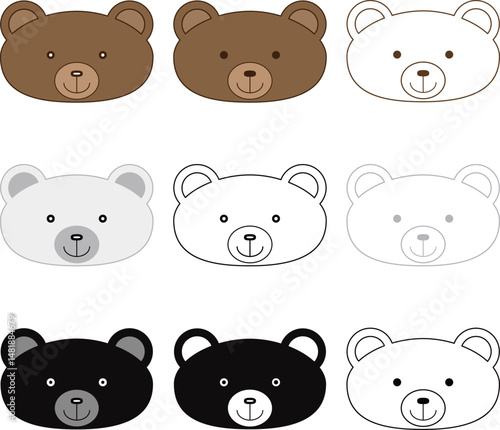 クマの顔バリエーションセット 茶色 白 黒など複数カラーと線画タイプ