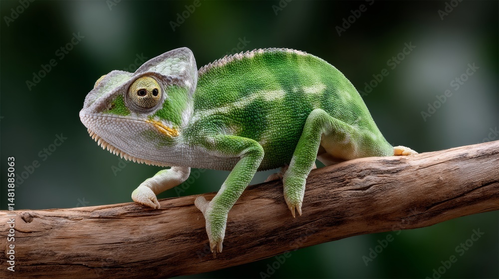 Obraz premium Green and white lizard is sitting on a branch. The lizard is looking at the camera